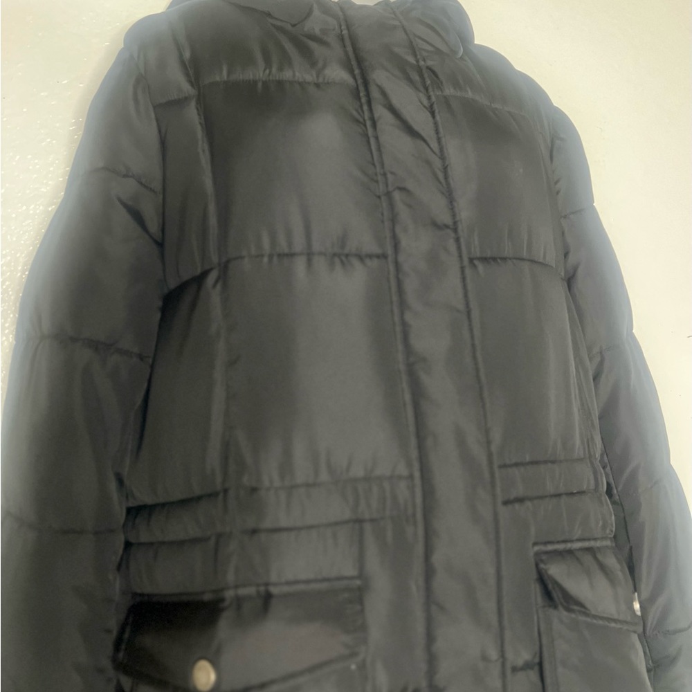 Lucky brand- Midi puffer coat, Hooded, Sz. XL, Zipper and snap front, Black, NEW